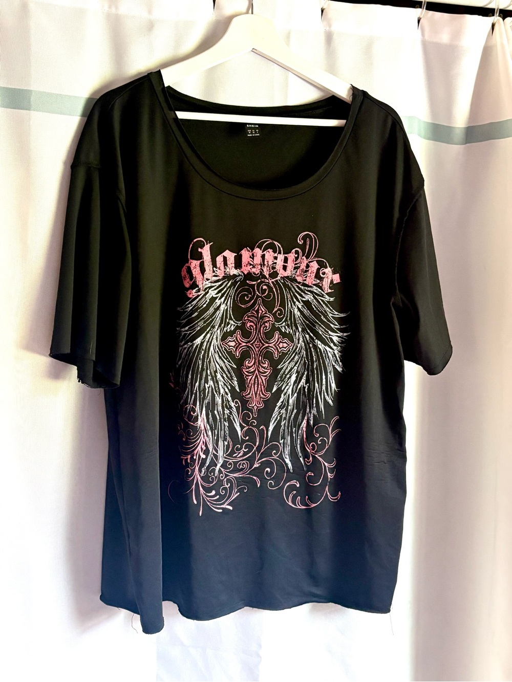 SHEIN Black Short Sleeve Tee with Pink and White Angel Wing Graphic